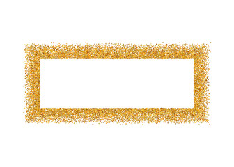 Gold frame isolated on white background. Golden glitter confetti texture. Gold square border, shine spray. Light dust decoration. Bright design for Christmas, holiday celebration. Vector illustration