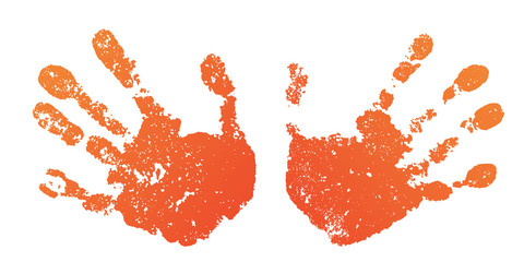 Wall Mural - Hand paint print set, isolated white background. Orange human palm, fingers. Abstract art design, symbol identity people. Silhouette child, kid, people handprint. Grunge texture. Vector illustration