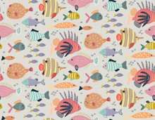 Vector Seamless Pattern With Different Colorful Exotic Fish.