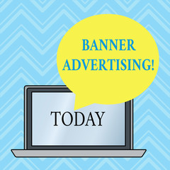 Handwriting text writing Banner Advertising. Conceptual photo advertisement that appears across the top of a web page Round Shape Empty Speech Bubble Floating Over Open Laptop Colored Backdrop