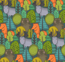 Wall Mural - Vector seamless pattern with hand drawn wild forest animals,