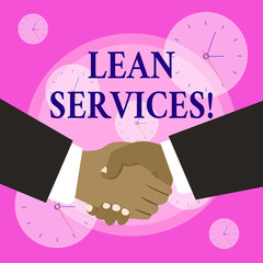 Conceptual hand writing showing Lean Services. Concept meaning application of the lean analysisufacturing concept to operations Hand Shake Multiracial Male Business Partners Formal Suits