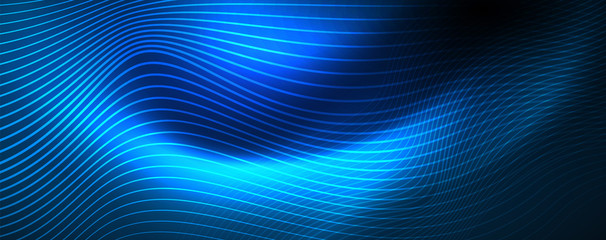 Smooth wave lines on blue neon color light background. Glowing abstract wave on dark, shiny motion, magic space light