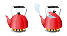 Red kettle with boiling water on kitchen stove flame