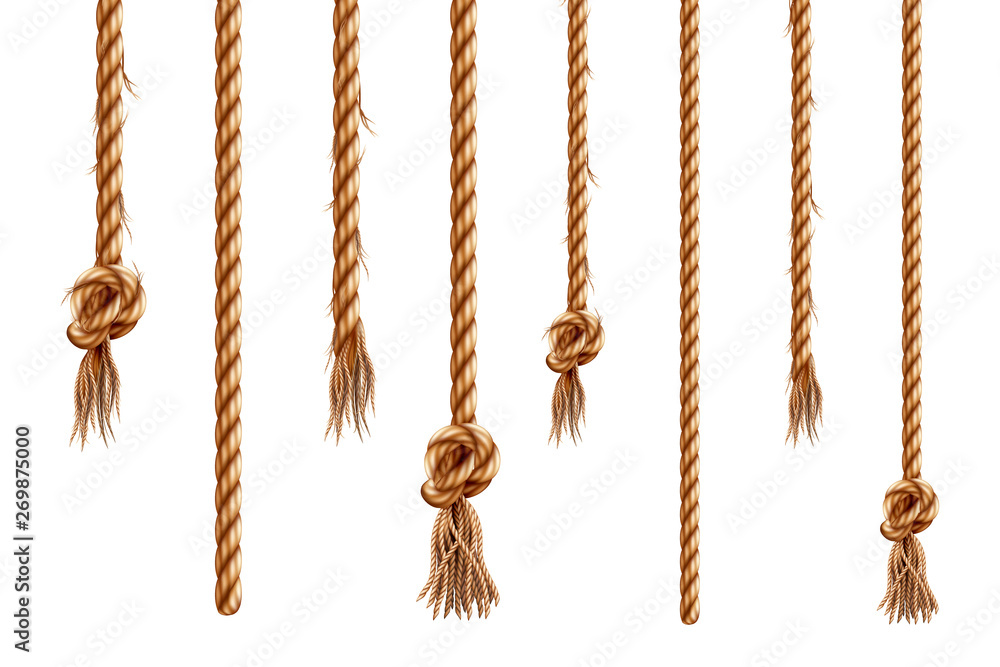 Set of isolated hanging ropes with tassels. 3d hemp string with brush and frayed knot. Realistic knotted nautical thread. Tied ring or bell whipcord. Nautical or marine vertical fiber. Straight cable - obrazy, fototapety, plakaty 