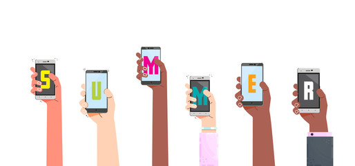 Wall Mural - Male and female hands holding phones, with the inscription Summer.