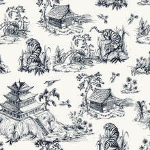 Seamless Pattern In Chinoiserie Style For Fabric Or Interior Design.