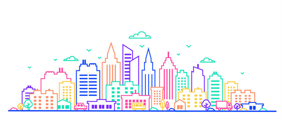 Wall Mural - City landscape. Thin line City landscape in neon glow vivid colors.. Downtown landscape with high skyscrapers. Panorama architecture Goverment buildings Isolated outline illustration. Urban life.