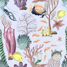 Seamless Pattern With Sea Inhabitans And Herb.