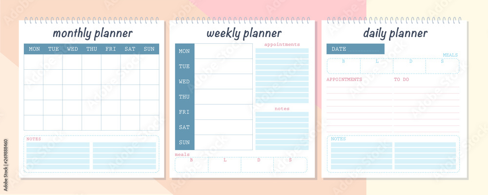 Vector set of monthly, weekly and daily planner page design template ...