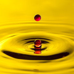 Wall Mural - Close up of red water or blood droplet or splash-Image, yellow backgroung