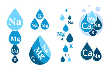 Set of Mineral water icon. Blue drops with mineral designations. Simple flat logos template. Healthy water modern emblems idea. Isolated vector simple sign collection on white background.