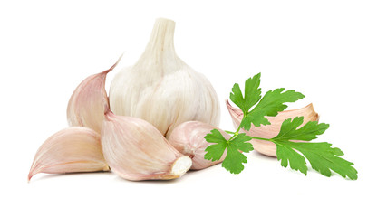 Wall Mural - Collection of aromatic spices - garlic and parsley isolated on white background in close-up