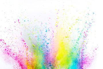 Colored powder explosion on white background. Freeze motion.