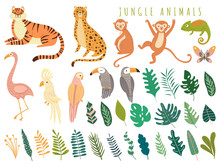 Jungle Wild Animal And Exotic Bird With Exotic Tropical Leaves. Set With Isolated Vector Of Tiger, Monkey, Leopard, Chameleon, Cockatoo, Flamingos, Parrot, Cockatoo, Toucan. Cartoon Illustration