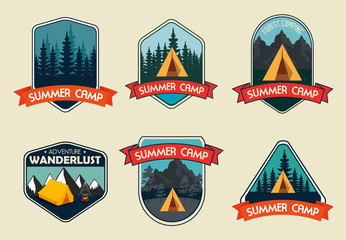 Sticker - set of labels with wanderlust adventure with camping and hiking