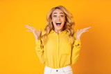 Fototapeta  - Excited Millennial Woman Screaming Over Yellow Background