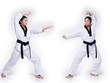 © Jade - Master Black Belt TaeKwonDo instructor Teacher show traditional Fighting Act pose and warm up in White former dress, studio lighting white background isolated, copy space, motion blur on foots hands