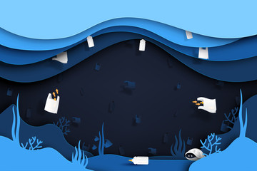 Wall Mural - waste and garbage of plastic product under the sea.paper art of ocean,conservation and sustainable e