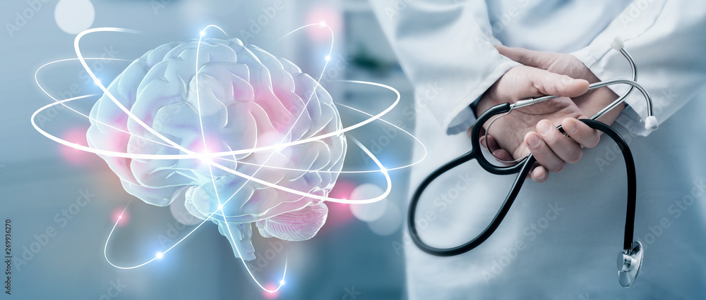 Hologram of human brain and doctor with stethoscope Stock Illustration ...