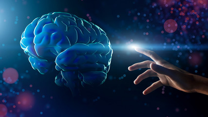 Wall Mural - hand touching artificial brain on glitter background