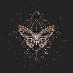 Vector illustration with hand drawn butterfly and Sacred geometric symbol on black vintage background. Abstract mystic sign.