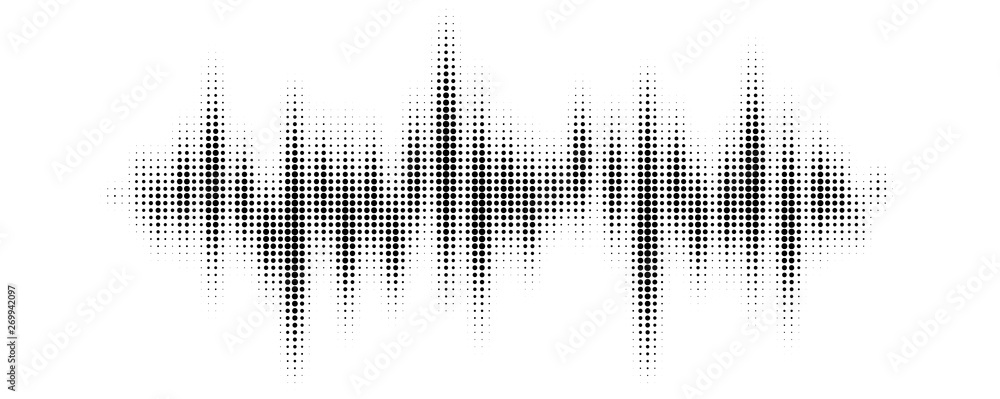 Black halftone pattern for screen blending mode. Halftone pattern audio waveform. Sound wave spectrum. Modern design rhythm of heart. Abstract dotted ornament isolated on white background - obrazy, fototapety, plakaty 