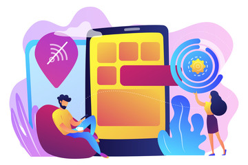 Sticker - Developer working on web app on smartphone, user offline, tiny people. Progressive web app, working offline web, PWA application development concept. Bright vibrant violet vector isolated illustration