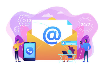 Sticker - Email marketing, Internet chatting, 24 hours support. Get in touch, initiate contact, contact us, feedback online form, talk to customers concept. Bright vibrant violet vector isolated illustration