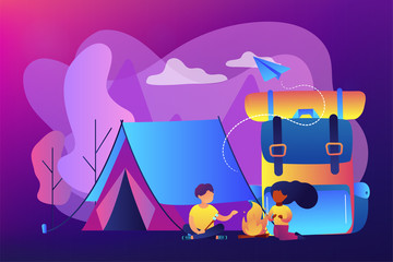 Sticker - Tiny people kids sitting at campfire and roasting marshmallow near tent and huge backpack. Summer camp, sleepaway camp, kids vacation time concept. Bright vibrant violet vector isolated illustration