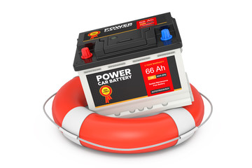 Aufkleber - Car Battery Service Concept. Rechargeable Car Battery 12V Accumulator with Abstract Label over Lifebuoy. 3d Rendering