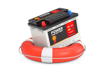 Aufkleber - Car Battery Service Concept. Rechargeable Car Battery 12V Accumulator with Abstract Label over Lifebuoy. 3d Rendering