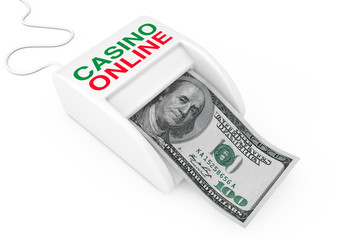 Poster - Make Money with Online Casino Concept. Money Maker Online Casino Machine with Dollars Banknote. 3d Rendering