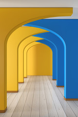 Poster - Corridor Hall Way with Yellow and Blue Walls. 3d Rendering