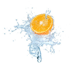 Wall Mural - orange in water splash isolated on white background