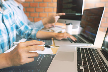 Wall Mural - collaborative work software engineers website developer technologies or programmer working coding on