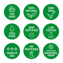 CBD Oil Icons Set Including THC Free, 100% Natural, Non GMO, 100% Pure, GMP Certified, Lab Tested,  Made In USA, No Pesticides, Made With Industrial Hemp - Vector 