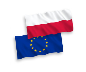 National vector fabric wave flags of Poland and European Union isolated on white background. 1 to 2 proportion.