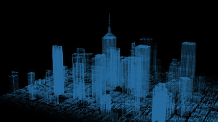 Fototapete - HUD Futuristic Virtual 3D Hologram City Target Scanning Mission Communication Report Panel. Wireframe Reality Tower Building Digital Data Screen UI Sci Fi Technology Element.