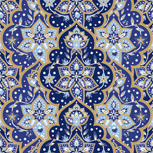 Indian Paisley Pattern Vector Seamless. Floral Arabesque Medallion Motif Print. Ethnic Vintage Flower Ornament. Oriental Design For Wallpaper, Muslim Woman Scarf, Curtain Textile, Carpet, Blanket.
