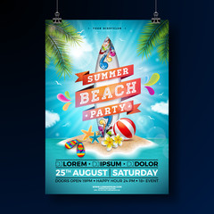 Summer Beach Party Flyer Design with flower, beach ball and surf board. Vector Summer nature floral elements, tropical plants and typographic elements on blue cloudy sky background. Design template