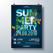 © articular - Summer Party Flyer Design with palm trees and ocean landscape in cutting Typography Letter. Vector Summer nature floral elements and tropical plants on blue cloudy sky background. Design template for