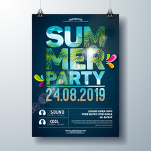Summer Party Flyer Design With Palm Trees And Ocean Landscape In Cutting Typography Letter. Vector Summer Nature Floral Elements And Tropical Plants On Blue Cloudy Sky Background. Design Template For