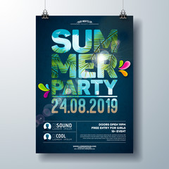 Sticker - Summer Party Flyer Design with palm trees and ocean landscape in cutting Typography Letter. Vector Summer nature floral elements and tropical plants on blue cloudy sky background. Design template for