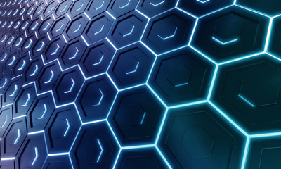 Glowing black and blue hexagons background pattern on silver metal surface 3D rendering