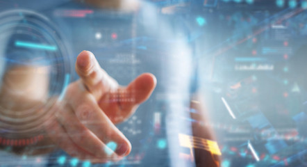 Businessman using digital technological interface with datas 3D rendering