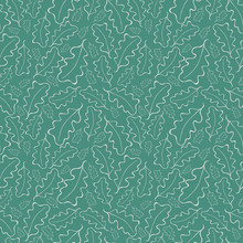 Beautiful Hand Drawn White Line Art Oak Leaves On Teal Green Background. Seamless Vector Pattern. Perfect For Wellness, Summer, Cosmetic Products, Fabric, Texture, Giftwrap, Stationery.