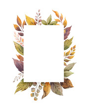 Watercolor Vector Autumn Frame With Roses And Leaves Isolated On White Background.
