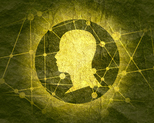 Wall Mural - Profile of the head of a man. Scientific medical design. Molecule and communication pattern. Round icon with texture from connected lines with dots.