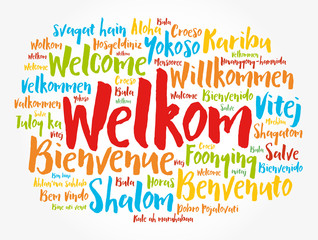 Sticker - Welkom (Welcome in Afrikaans) word cloud in different languages, conceptual background